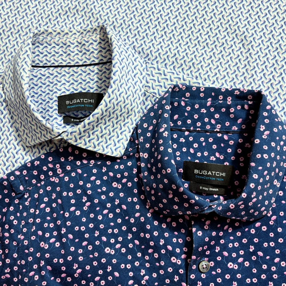 Bugatchi Shirt Men Small OoohCotton Tech 8 Way Stretch Floral Geometric Lot of 2